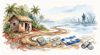 Ilustración acuarela de una casa rural, madre, palmas, camino, pasaporte, dólares, bandera de El Salvador, placa militar, alambradas, silueta militar y horizonte nevado.