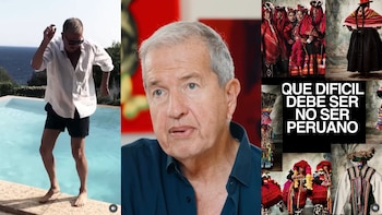 Pantalla dividida con tres paneles: un hombre bailando junto a una piscina, un primer plano de un hombre y un collage de imágenes culturales peruanas con texto