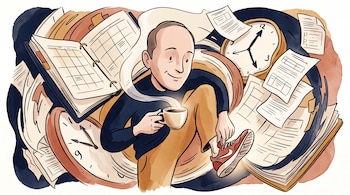 Ilustración de un hombre con una taza de café y una zapatilla roja, rodeado por relojes, hojas flotantes y agendas abiertas.