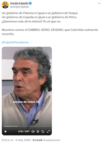 Sergio Fajardo marcó distancia y aseguró que su propuesta es el “cambio serio y seguro” para Colombia - crédito @sergio_fajardo/X