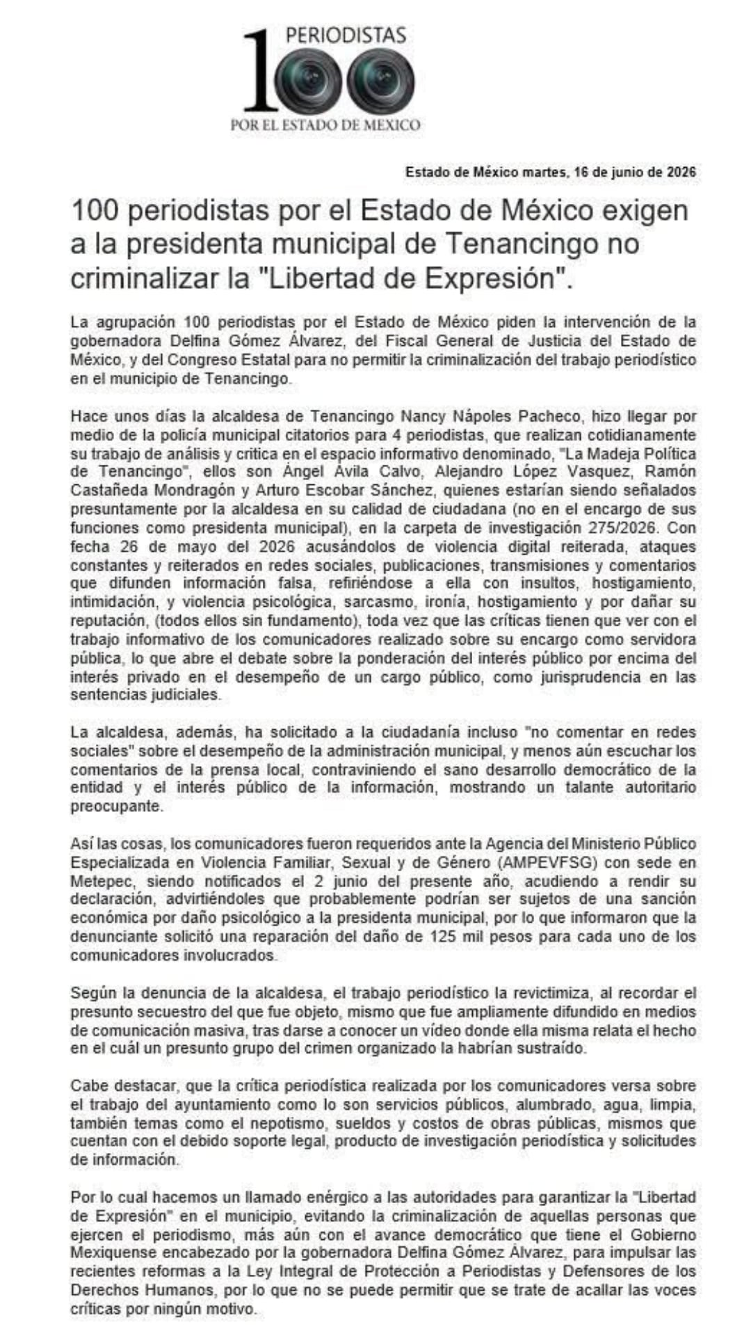Comunicado del colectivo periodístico. Crédito: Redes Sociales