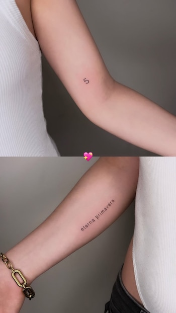 La cantante suma este diseño a la frase "eterna primavera" que lleva inscripta en letra cursiva en el otro brazo