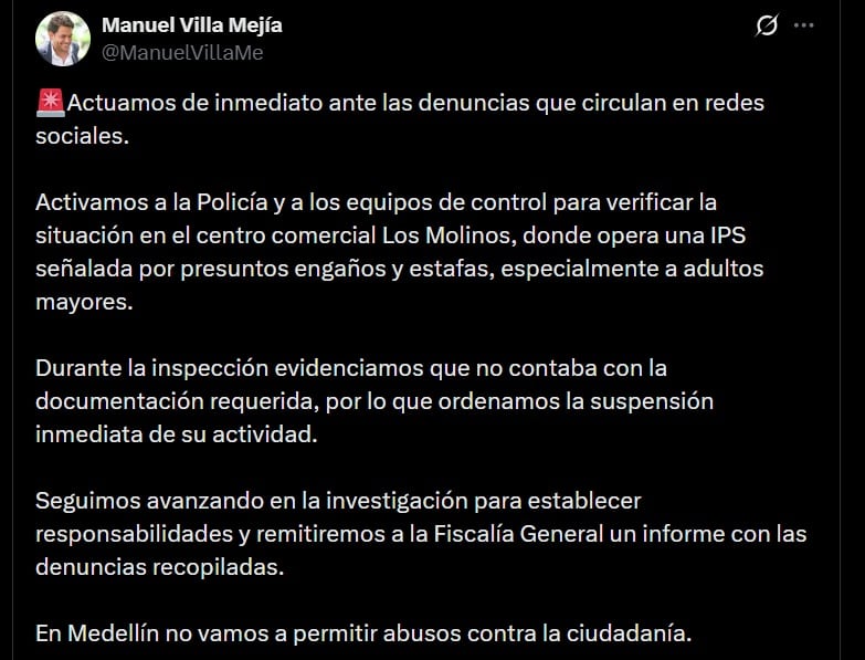 Autoridades de Medellín advirtieron sobre posibles intentos de estafa similares en otros sectores y reforzarán operativos en centros de salud - crédito @ManuelVillaMe / X