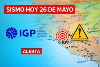 Imagen con mapa de Perú y Sudamérica. Muestra el logo del IGP, símbolos de sismo y alerta, y los textos "SISMO HOY 26 DE MAYO" y "ALERTA".