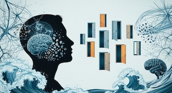 Silueta de cabeza humana en perfil con cerebro fragmentado, mirando múltiples puertas abiertas flotantes. Ondas de agua y neuronas abstractas en el fondo.