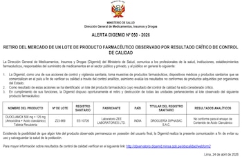 Digemid - Alerta de Consumo - Medicamentos - Perú - 29 abril