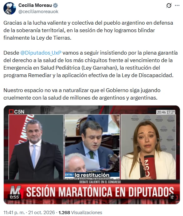 La diputada argentina Cecilia Moreau comparte en redes sociales un fragmento televisivo sobre la actividad legislativa en la Cámara de Diputados de la Nación.