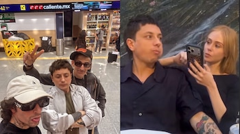 Collage de dos fotos: tres hombres en un aeropuerto y una pareja sentada. Hay gorras, gafas de sol, tatuajes visibles, un teléfono móvil con funda de leopardo.