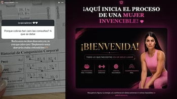 Majo Parodi en ropa deportiva rosa posa junto a gráfica de su programa de bienestar. A la izquierda, una pregunta de Instagram sobre tarifas y su respuesta
