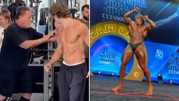 Imagen dividida: Arnold Schwarzenegger interactúa con Joseph Baena en un gimnasio; a la derecha, Joseph Baena posa musculoso en un escenario