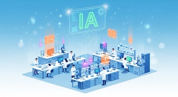Ilustración conceptual de un laboratorio científico moderno con investigadores en batas blancas, equipos y microscopios, bajo una pantalla holográfica con 'IA' en neón.