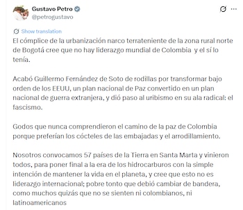 Petro criticó al exministro del gobierno de Andrés Pastrana, con afirmaciones sobre su gestión y su papel en decisiones relacionadas con la política internacional - crédito @petrogustavo/X