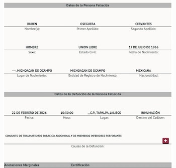 El acta de defunción número