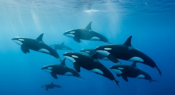 Grupo de ocho orcas nadando bajo el agua. Seis orcas en primer plano, dos al fondo. Agua azul con rayos de luz filtrándose desde la superficie.
