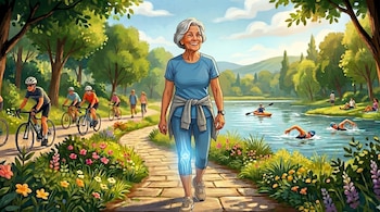 Mujer mayor sonríe mientras camina por un sendero en un parque soleado, su rodilla izquierda tiene un resplandor azul; ciclistas y nadadores disfrutan.