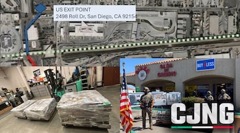 Montaje con mapa satelital de un túnel, pallets de paquetes envueltos en un almacén, y agentes armados frente a una tienda 'Buy 4 Less' con el logo CJNG.