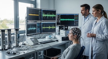 Un joven con electrodos en la cabeza sentado frente a monitores que muestran gráficos de ondas cerebrales, mientras dos investigadores con batas blancas observan la pantalla en un laboratorio.