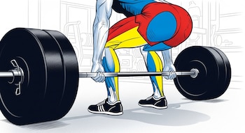 Ilustración detallada de una persona realizando peso muerto con barra en un gimnasio, mostrando la postura correcta y músculos de piernas, glúteos y espalda baja resaltados.