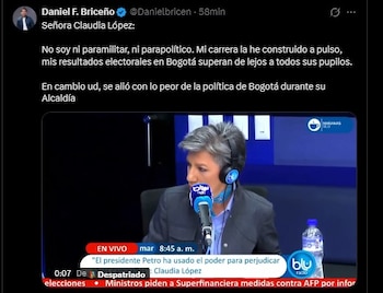 Mensaje publicado por Daniel Briceño tras las declaraciones de Claudia López sobre parapolítica y democracia - crédito Daniel Briceño/X