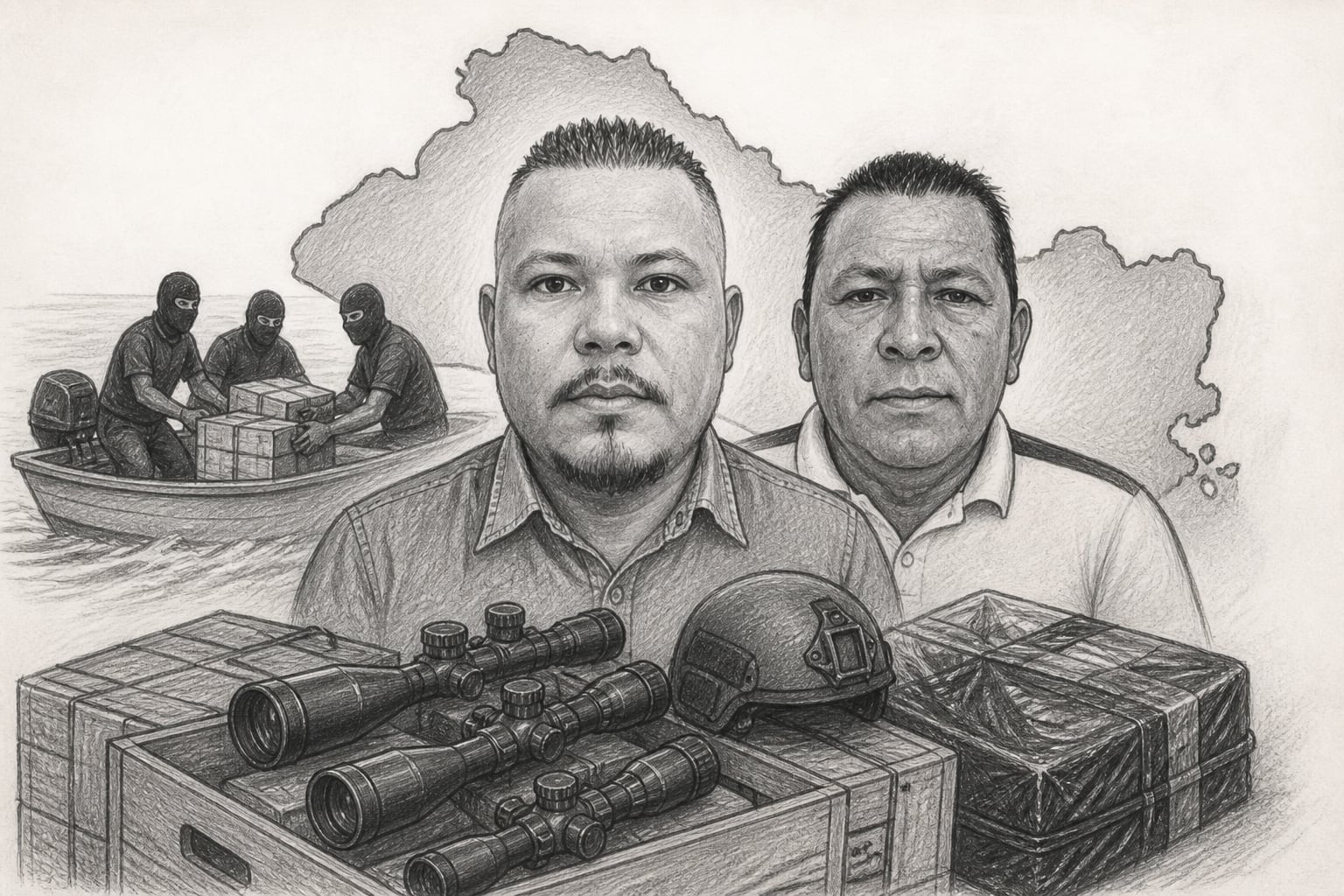Una ilustración en tonos grises representa el ingreso ilegal de miras telescópicas y pertrechos militares a El Salvador mediante embarcaciones marítimas. (Imagen Ilustrativa Infobae)