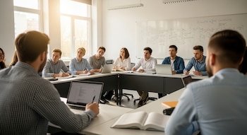 Vista trasera de un estudiante con camisa a cuadros, de espaldas a la cámara, frente a un grupo de estudiantes sentados en una mesa en forma de U en un aula.