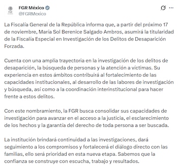 Comunicado de la Fiscalía General de la República.