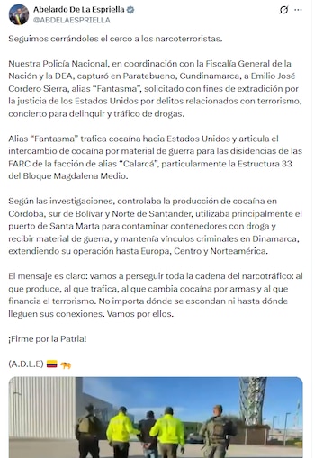 El presidente de la República señaló que Emilio José Cordero Sierra es solicitado en extradición por la justicia de los Estados Unidos por delitos relacionados con terrorismo y concierto para delinquir - crédito @ABDELAESPRIELLA/X