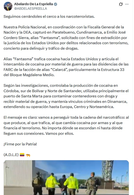 El presidente de la República señaló que Emilio José Cordero Sierra es solicitado en extradición por la justicia de los Estados Unidos por delitos relacionados con terrorismo y concierto para delinquir - crédito @ABDELAESPRIELLA/X