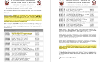 Documento oficial del Jurado Electoral Especial de Lima Centro sobre las Elecciones Regionales y Municipales 2026 con texto, tablas de candidatos y firmas