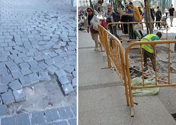 Obras en una calle de Madrid para arreglar un socavón y pavimento en mal estado en la calle Fe de la capital