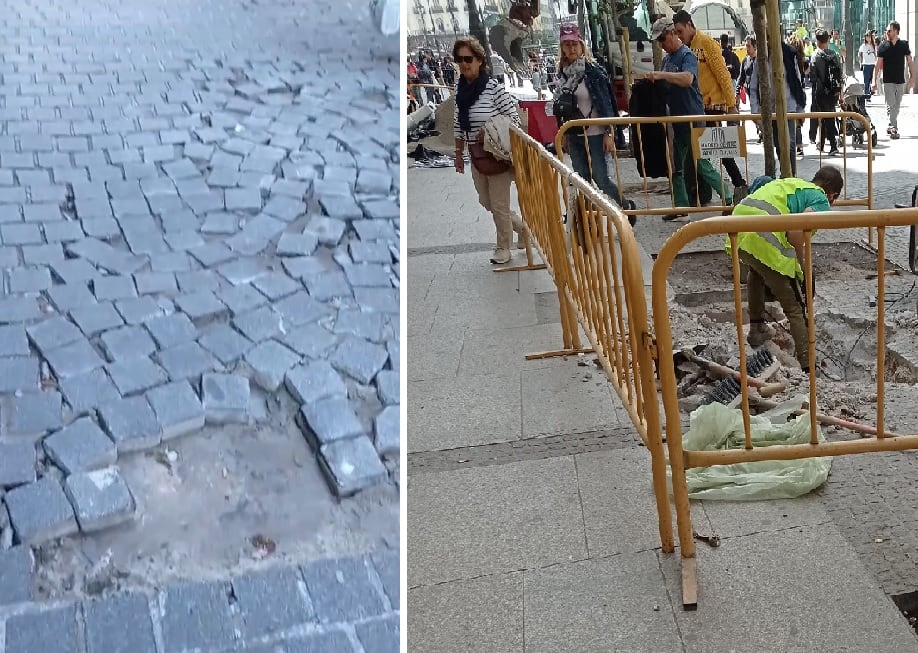 Obras en una calle de Madrid para arreglar un socavón y pavimento en mal estado en la calle Fe de la capital