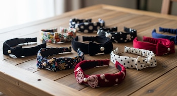 Varias vinchas para el pelo de diversos colores y estampados, algunas con lazos y perlas, dispuestas sobre una mesa de madera clara.
