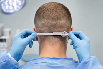 Manos con guantes azules sostienen un instrumento de medición sobre la parte posterior de la cabeza de un hombre de cabello rapado.