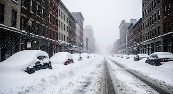 Calle urbana cubierta de nieve con autos estacionados parcialmente enterrados. Edificios de ladrillo flanquean la calle bajo un cielo gris y nevado.