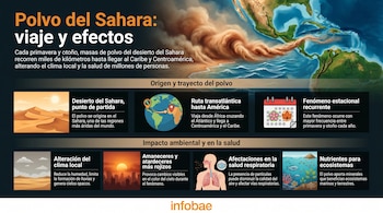 Infografía con mapa del mundo mostrando nube de polvo del Sahara viajando de África a América. Incluye iconos de dunas, calendario, ciudad, pulmones y ecosistema marino.