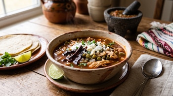 Tazón de sopa con pollo, nopales, queso y chiles secos sobre una mesa de madera junto a tortillas, limones, una cuchara y un molcajete.