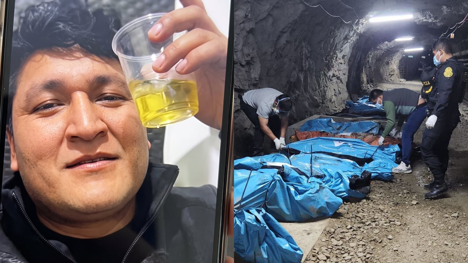 Miguel Antonio Rodríguez Díaz realiza un brindis desde el penal El Pedregal en Colombia, junto a imágenes de pericias policiales en un socavón minero de Pataz. (Fotocomposición: Infobae Perú/Panorama)