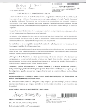 La carta al Congreso también menciona hechos de violencia contra la mujer en entornos digitales dentro de la denuncia presentada ante la Fiscalía - crédito X