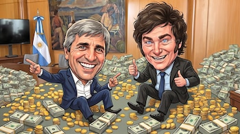 Caricatura de dos hombres sonrientes sentados entre grandes pilas de billetes de dólar y monedas de oro, con una bandera argentina y un cuadro al fondo.
