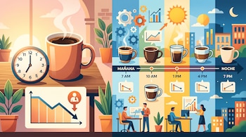Ilustración con una taza de café, un reloj, gráficos estadísticos y una línea de tiempo desde las siete de la mañana hasta la noche.