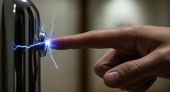 Primer plano de un dedo tocando un objeto metálico cilíndrico, produciendo chispas eléctricas azules brillantes en el punto de contacto.