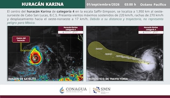 Infografía con texto informativo, una imagen satelital del huracán Karina a la izquierda y un mapa con su trayectoria proyectada a la derecha