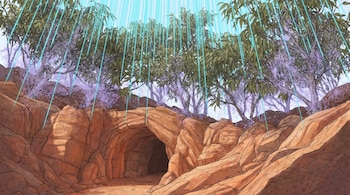 Rayos de luz azul descienden sobre copas de árboles y una formación rocosa con la entrada de una cueva rodeada de puntos violetas.