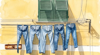 Cinco pantalones de mezclilla azul colgados con pinzas en un tendedero exterior sobre una pared amarilla con persiana verde.