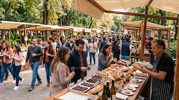 Puestos de madera con pan, chocolates y vino alineados en un parque donde varias personas caminan y degustan productos.