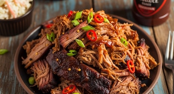 Un plato de cerámica marrón contiene cerdo desmenuzado con salsa barbecue, rodajas de chile rojo y cebolla verde. Una botella y un tazón están en el fondo.