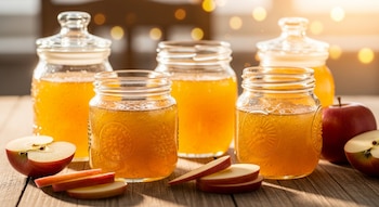 Cinco frascos de vidrio con mermelada dorada y brillante sobre una tabla de madera rústica, con manzanas rojas enteras y cortadas al lado, bajo luz cálida.