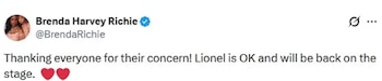 La exesposa de Lionel Richie habló sobre su estado de salud tras la emergencia en el escenario