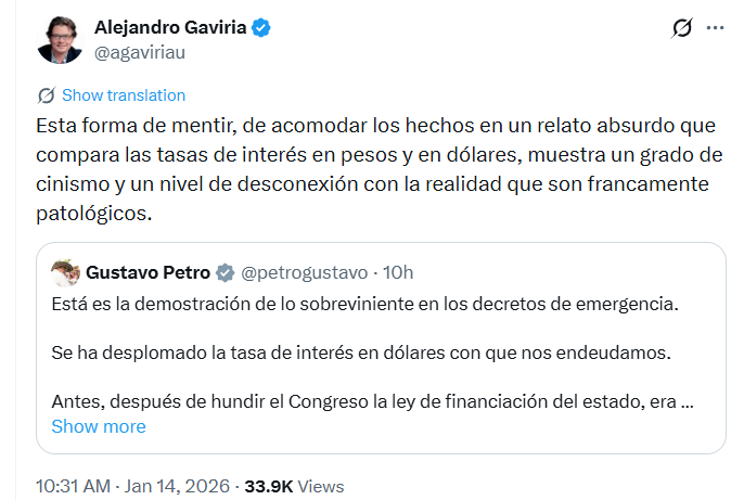 Gaviria calificó ese razonamiento como una distorsión de los hechos y una comparación incorrecta de variables económicas - crédito @agaviriau/X