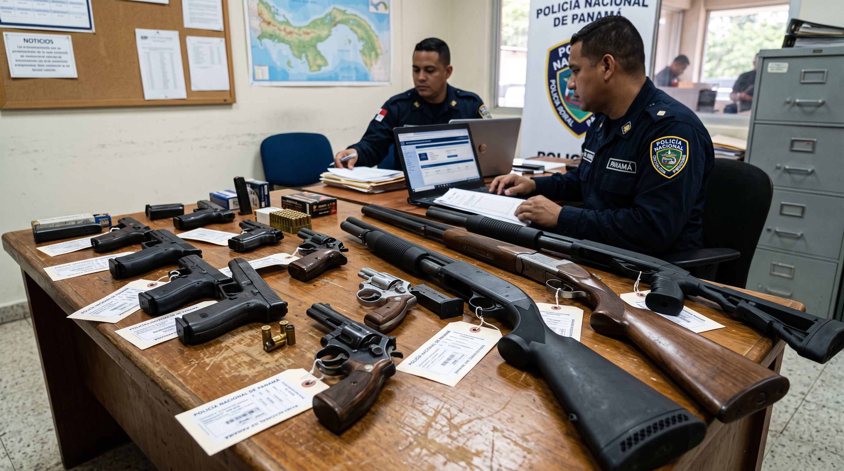Agentes de la Policía Nacional de Panamá registran varias armas de fuego decomisadas sobre una mesa en una oficina oficial. (Imagen Ilustrativa Infobae)
